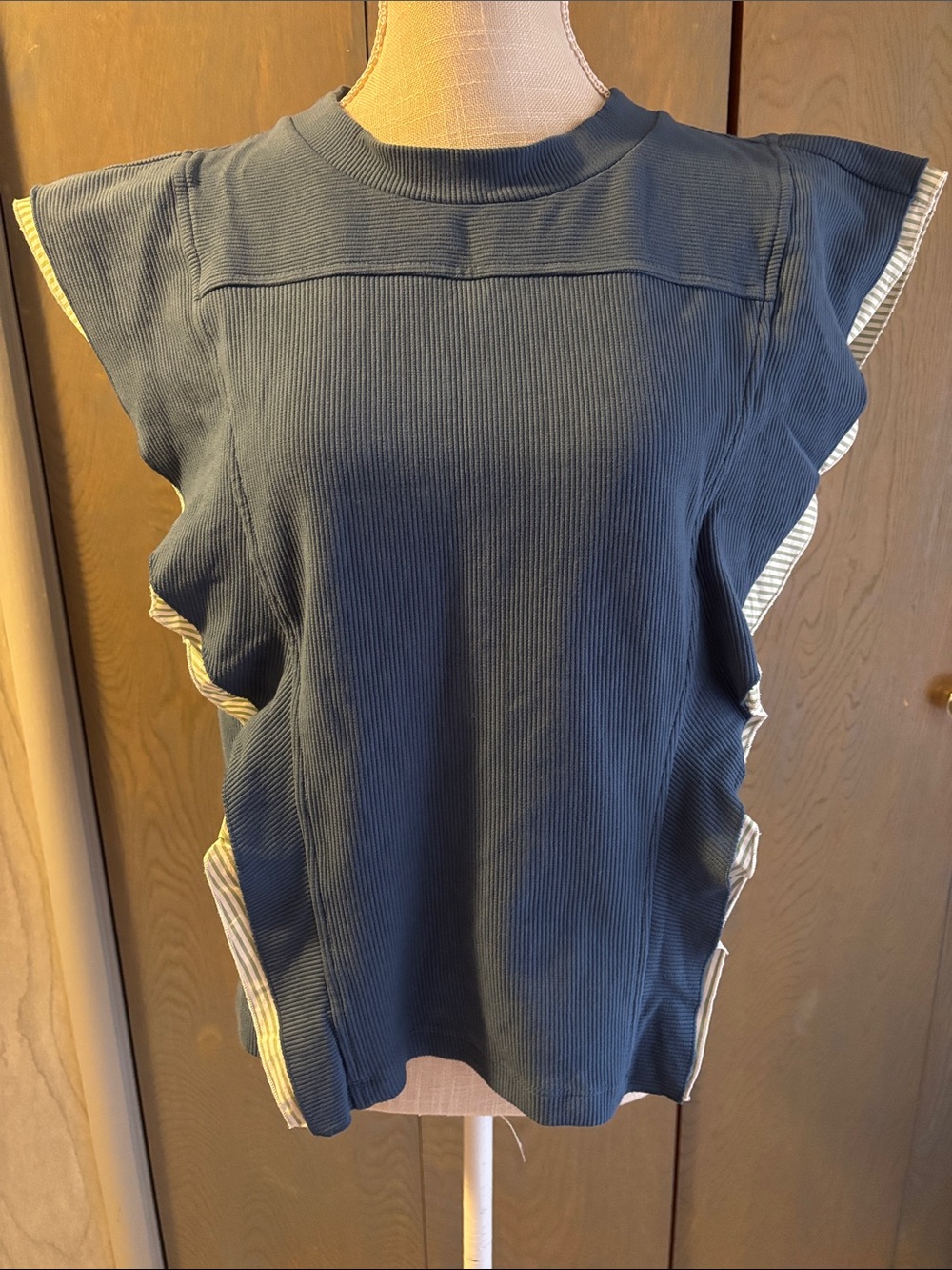 NWT Anthropologie Sleeveless Menswear Popover Top Contrast Ruffle Blue Striped